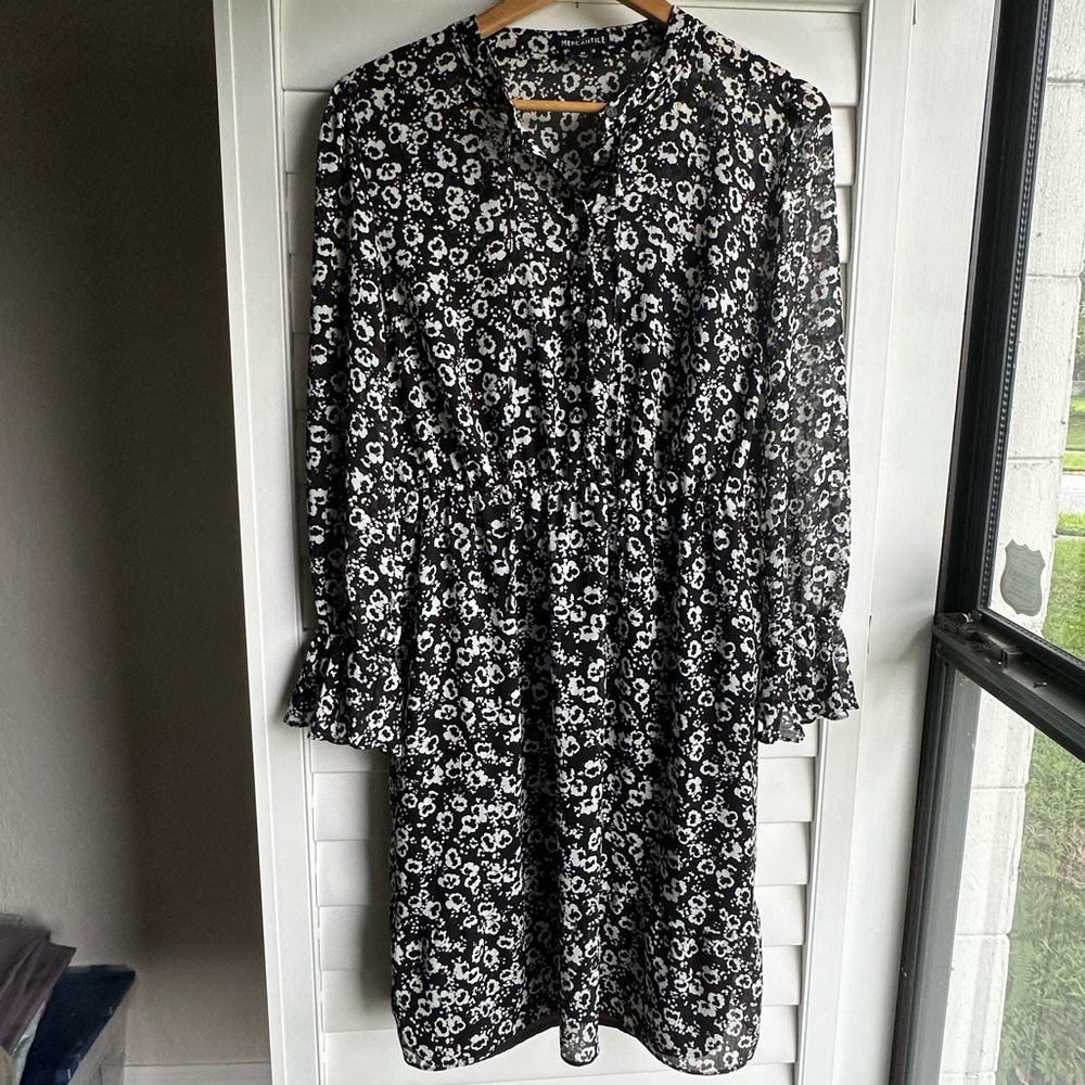 J. Crew Black and White Floral Long Sleeve Dress